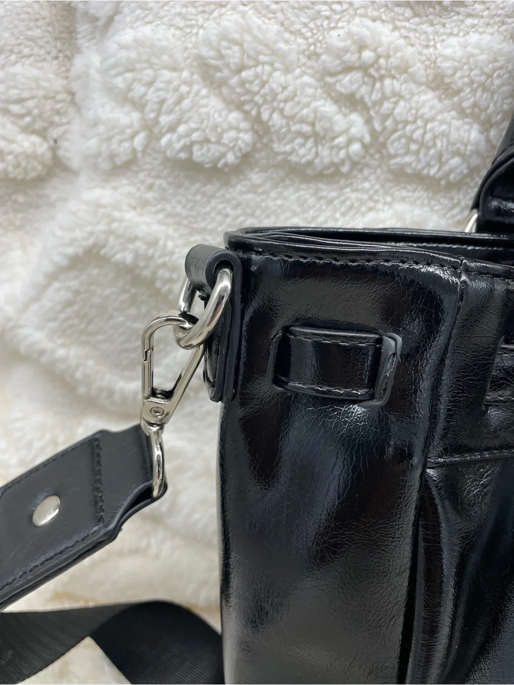 Steve Madden/ Madden NYC Black Patent Satchel with Branded Strap and Coin Pouch